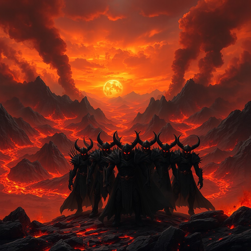 A hellish landscape depicting a fiery underworld with molten lava rivers, dark clouds filled with smoke, and jagged mountains