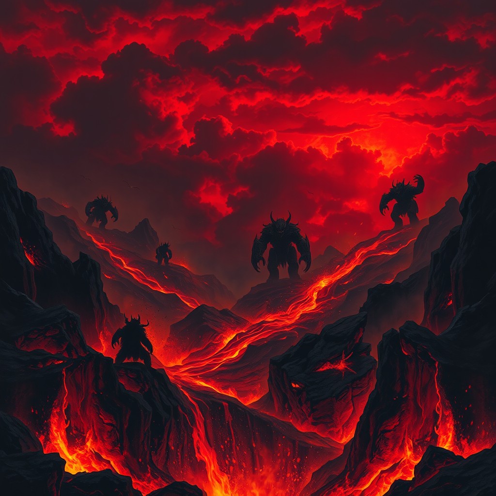 An artistic representation of a hellish landscape, featuring vivid flames and molten lava flowing through jagged rocks