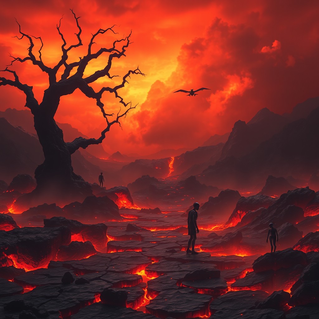 A hellish landscape, filled with fiery lava flows and dark volcanic rock