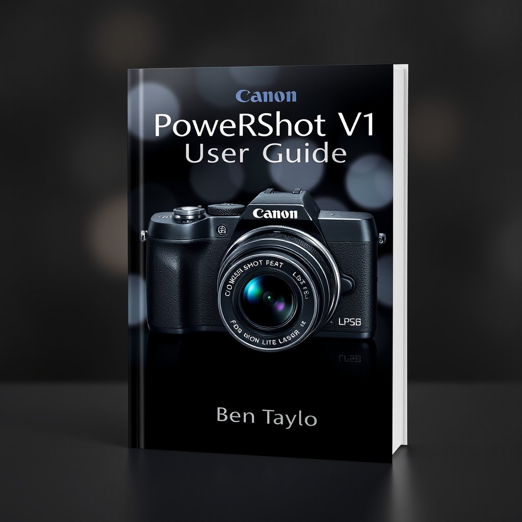 A striking book cover design for 'Canon PowerShot V1 User Guide' by Ben Taylor, featuring an expertly crafted high-resolution image of the Canon PowerShot V1 camera, positioned prominently in the center