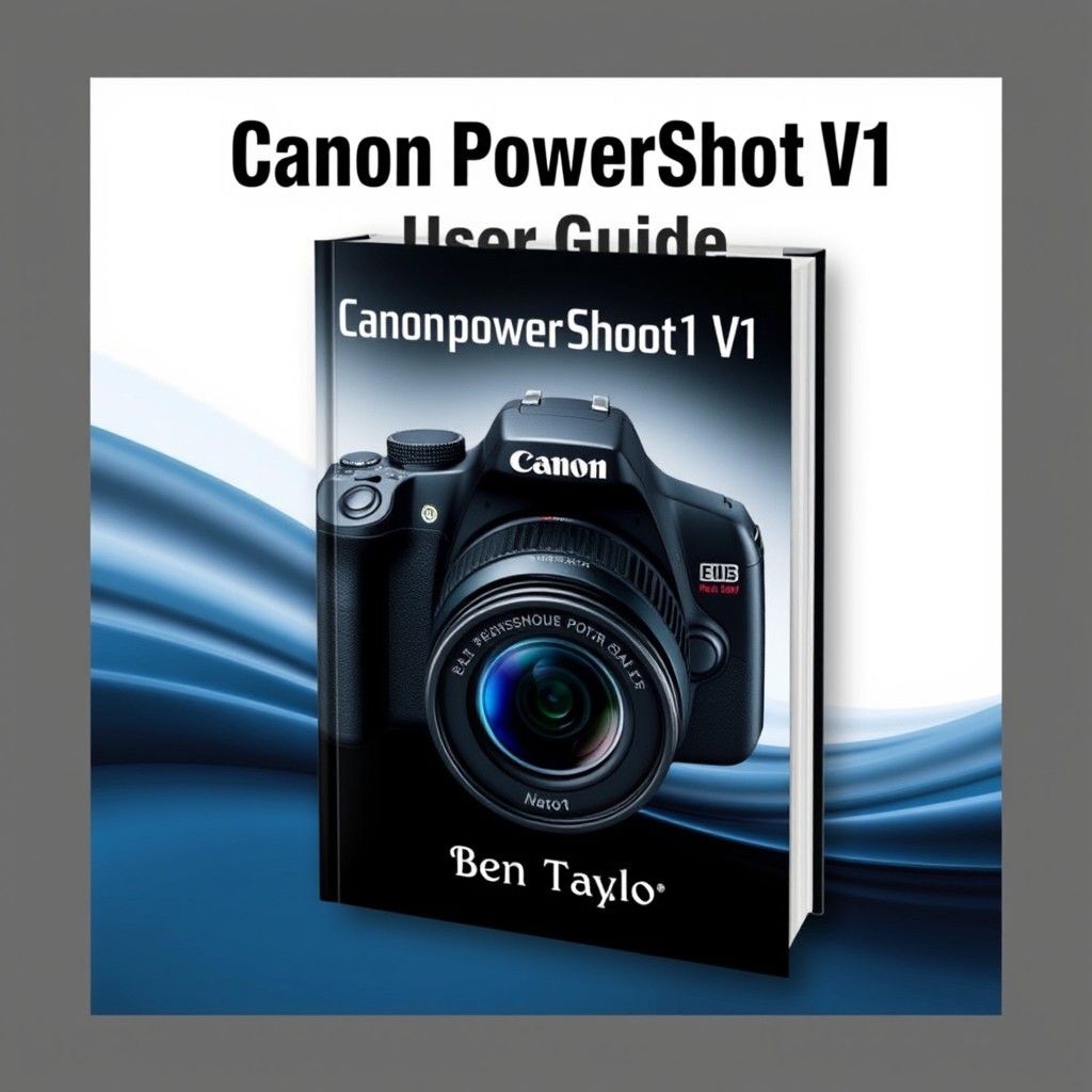 A visually striking book cover design for 'Canon PowerShot V1 User Guide' by Ben Taylor, prominently featuring a high-resolution image of the Canon PowerShot V1 camera at the forefront