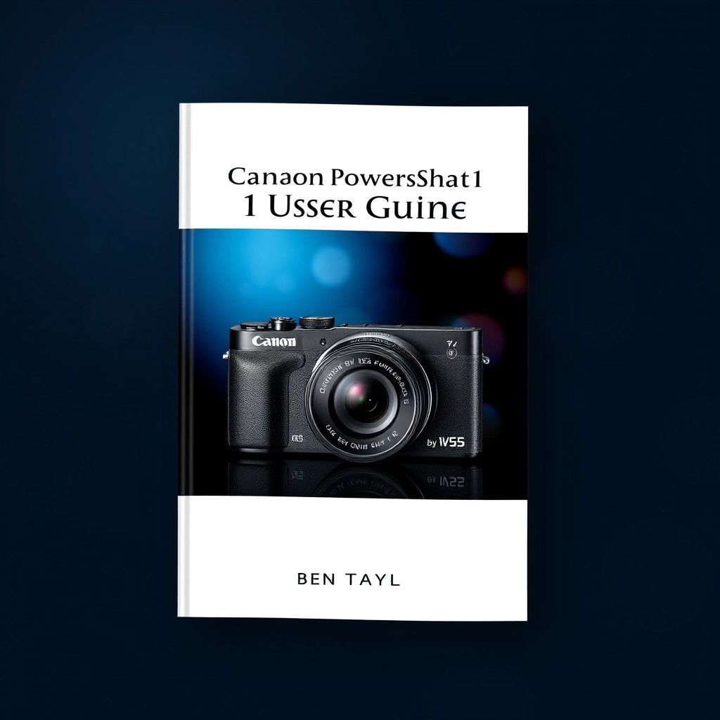An elegant book cover design for 'Canon PowerShot V1 User Guide' by Ben Taylor, featuring a striking high-resolution image of the Canon PowerShot V1 camera prominently positioned in the center
