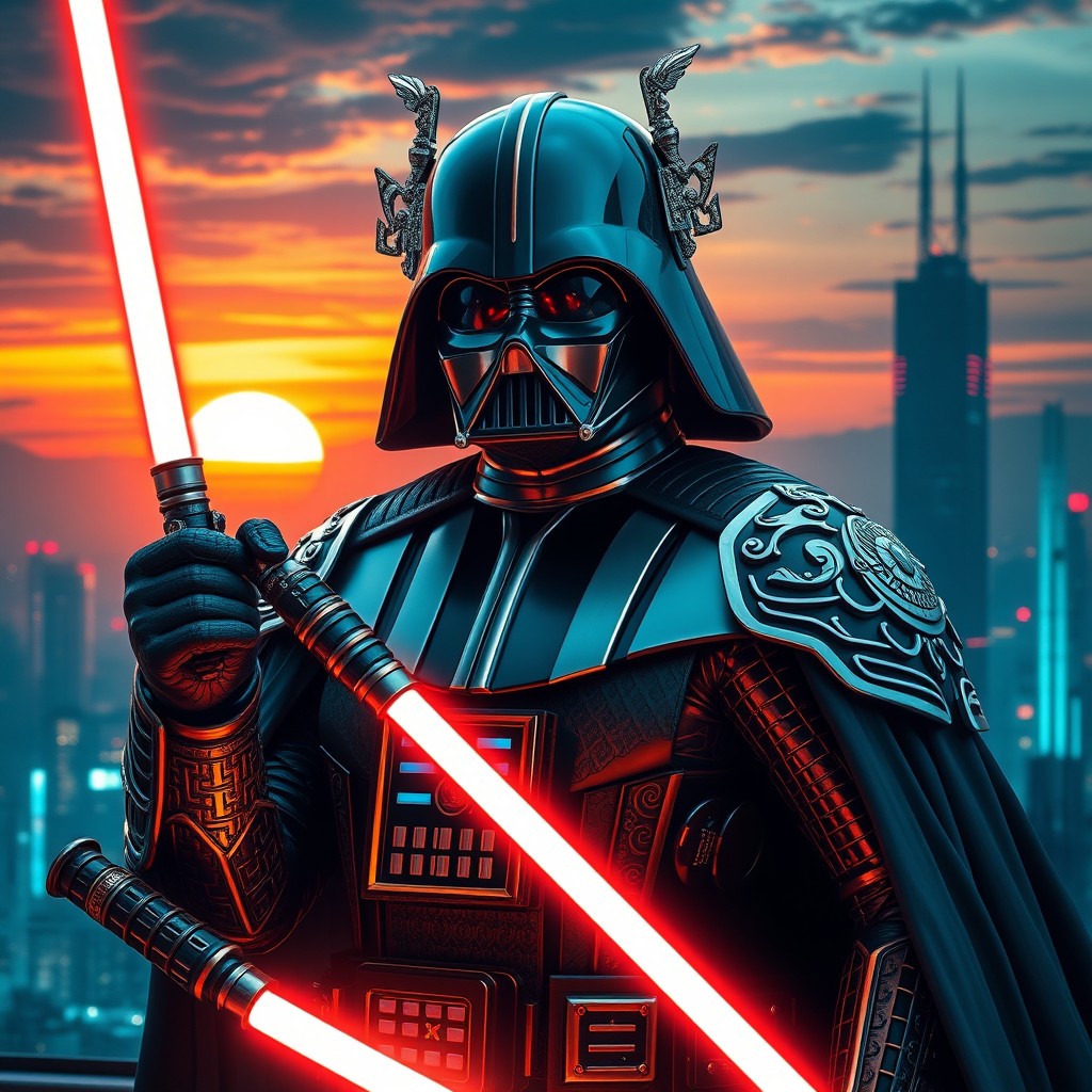 A majestic Asian version of Darth Vader, reimagined with intricate details and cultural elements that reflect Asian aesthetics