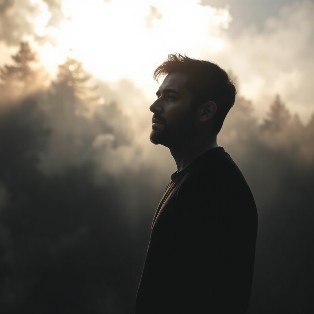 A contemplative and emotional scene featuring a man standing at the edge of a foggy forest, symbolizing his journey from darkness to light
