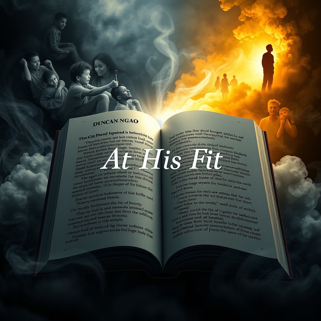 An open memoir book with pages turning, revealing the words of Duncan Ngao's life story, surrounded by ethereal smoke and shadows that symbolize struggle and addiction