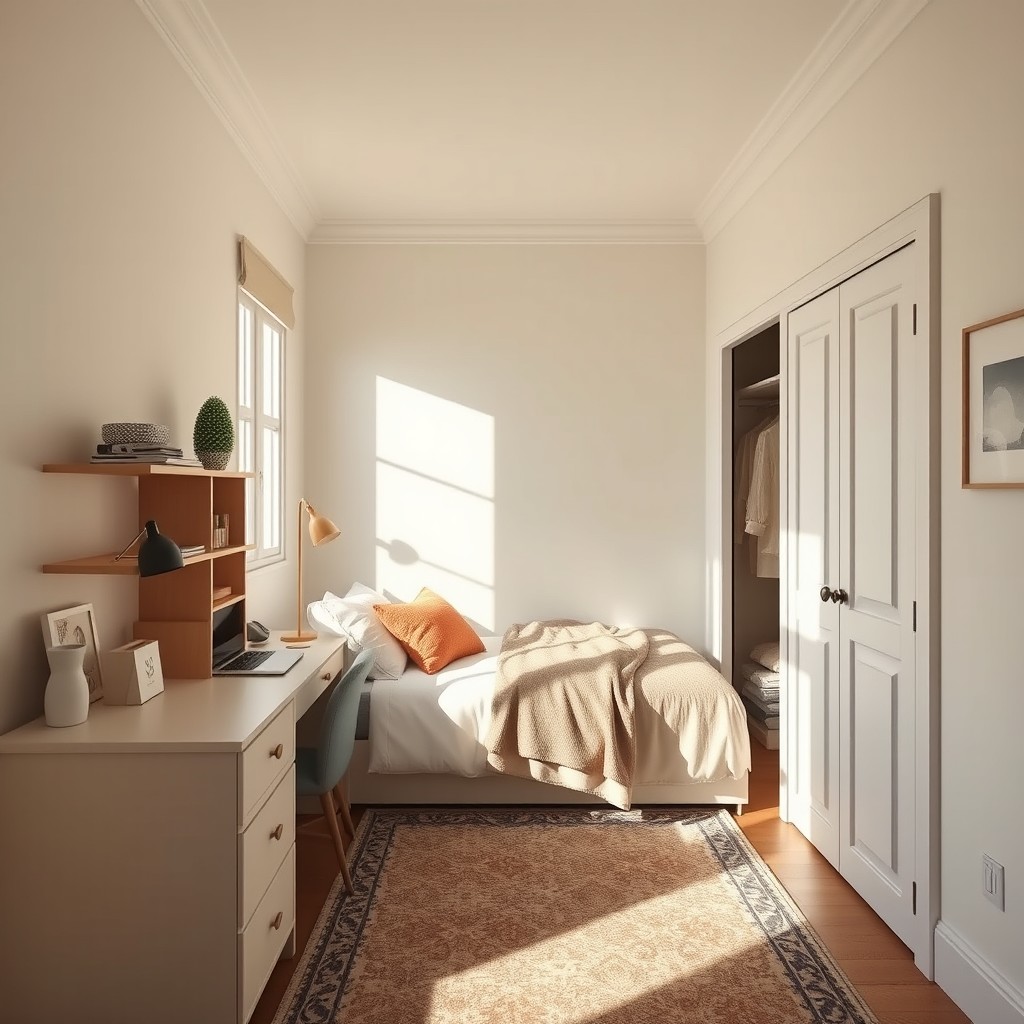 A cozy and orderly small bedroom featuring a neatly arranged desk, a comfortable bed, and a stylish closet