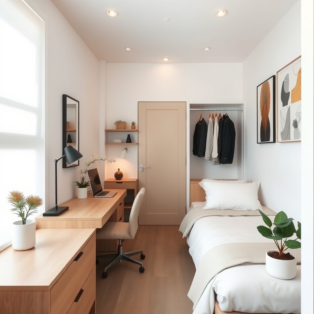 A small, organized room featuring a cozy workspace with a sleek desk, a comfortable bed, and a stylish closet