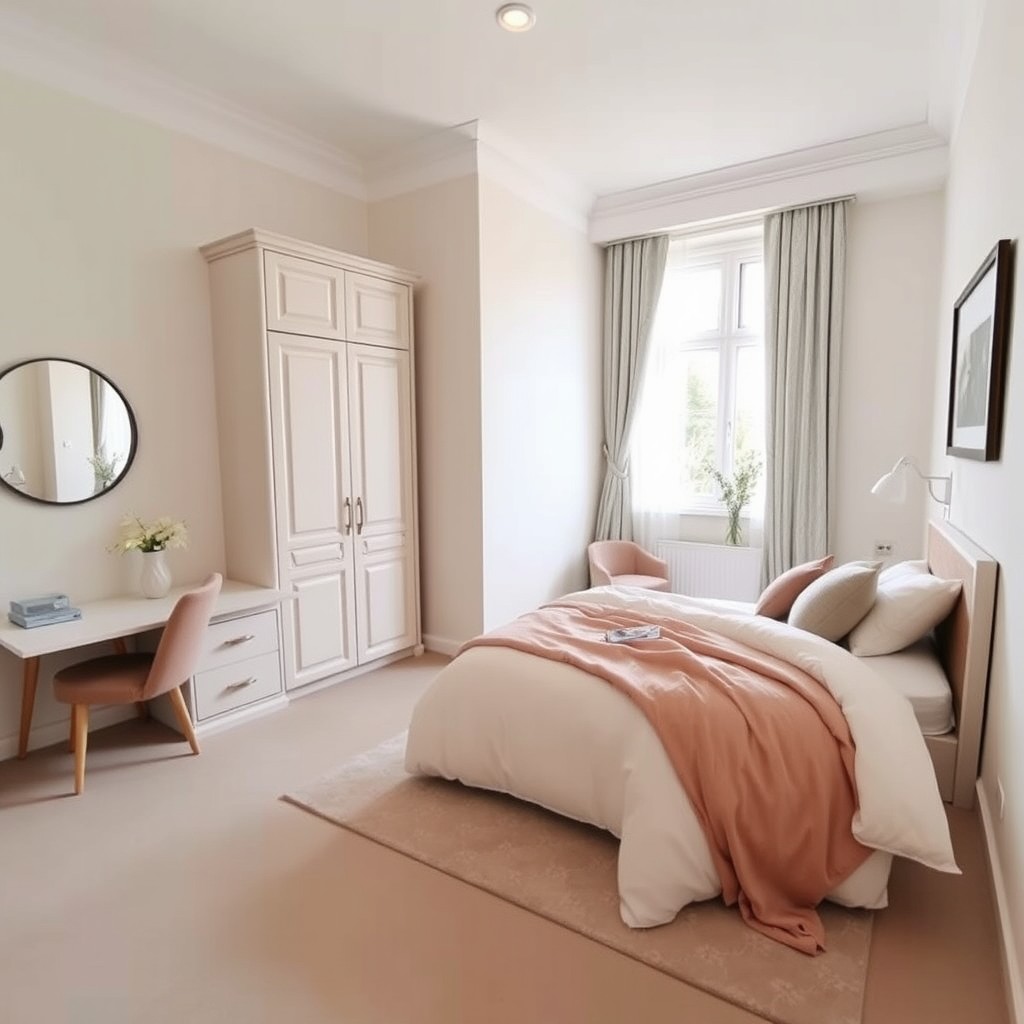 A serene bedroom featuring a double bed, a functional desk, and a spacious wardrobe