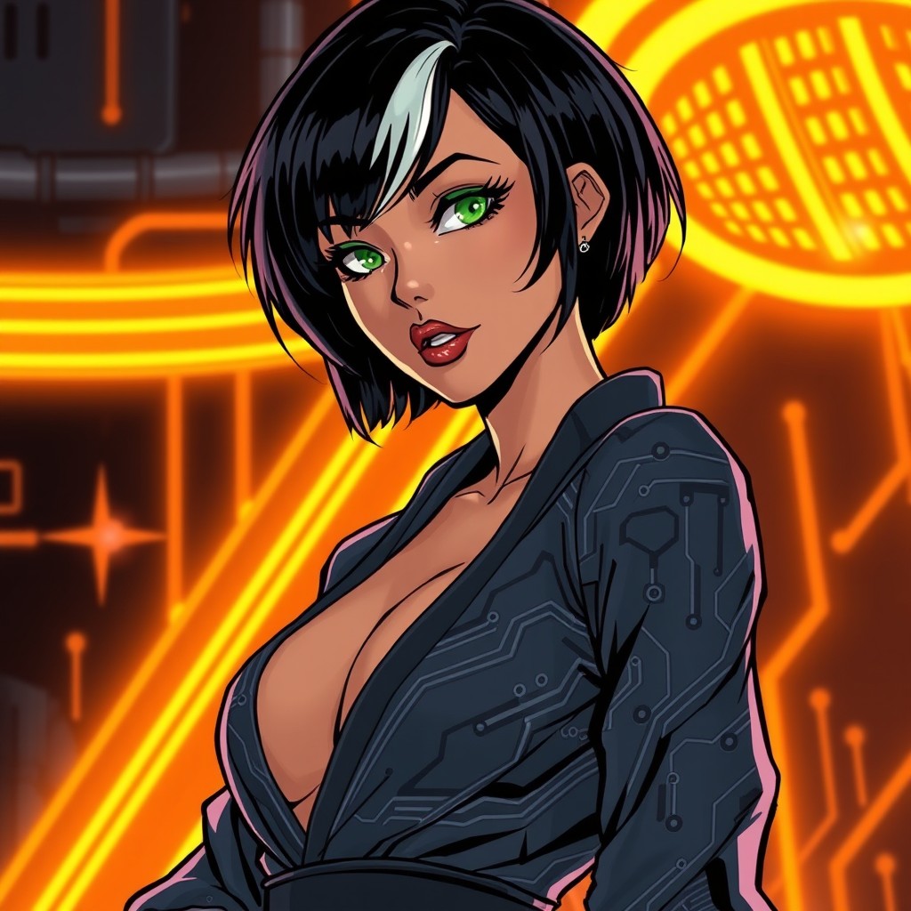 A highly stylized digital illustration in comic book style featuring a confident cybernetic woman with short black hair and a striking white streak