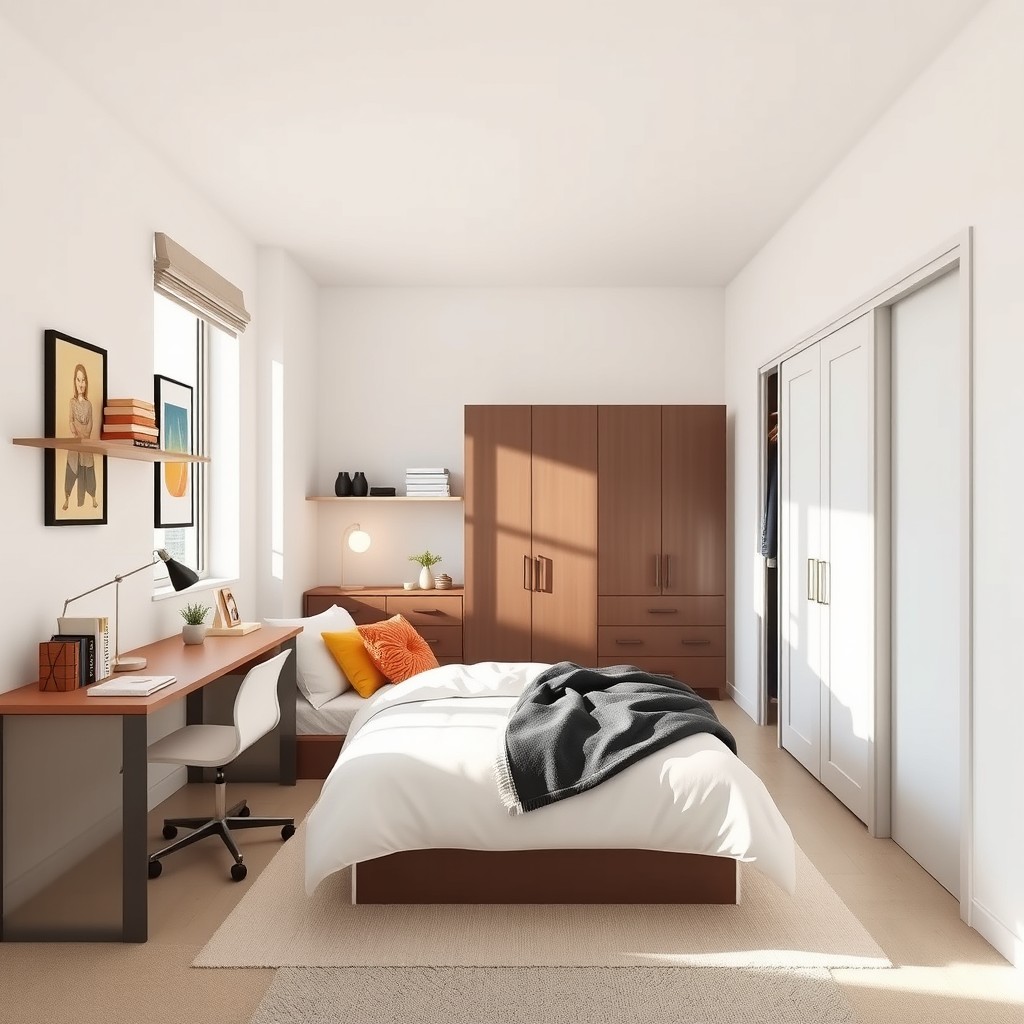 A well-organized and youthful space featuring a large desk, a double bed, and a modern closet