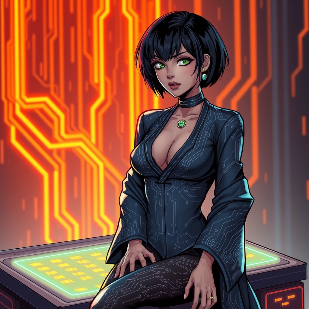 A highly stylized digital illustration in comic book style featuring a confident cybernetic woman with short black hair and a striking white streak