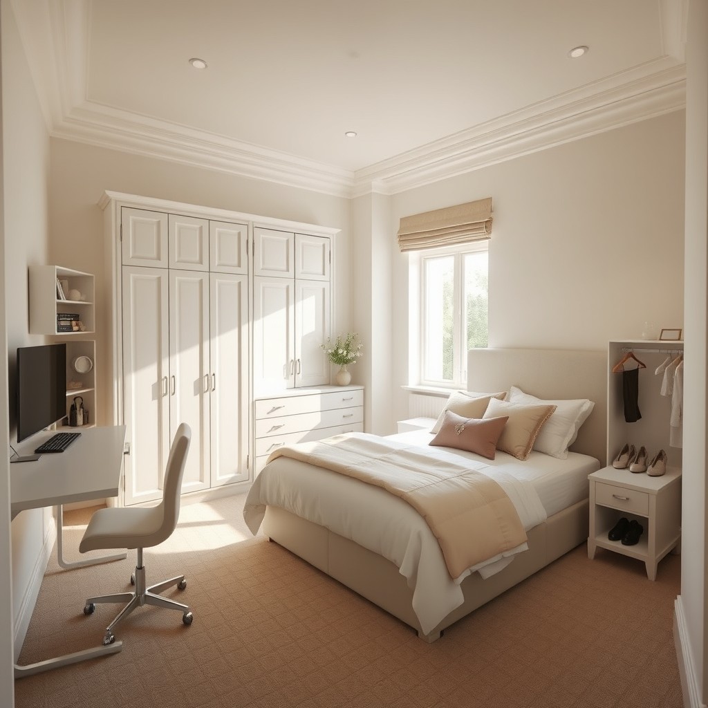 A beautifully organized bedroom designed for a woman, featuring a large desk, a double bed, and both a wardrobe and shoe rack