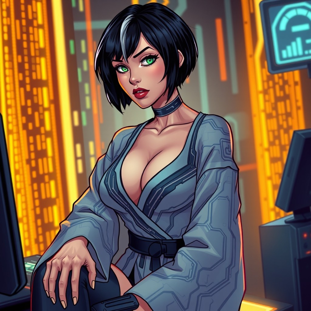A highly stylized digital illustration in comic book style featuring a confident cybernetic woman with short black hair and a striking white streak