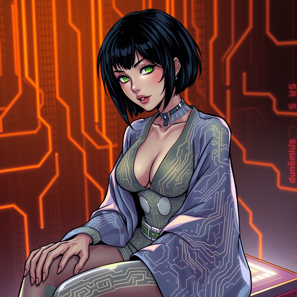 A highly stylized digital illustration in comic book style featuring a confident cybernetic woman with short black hair and a bold white streak