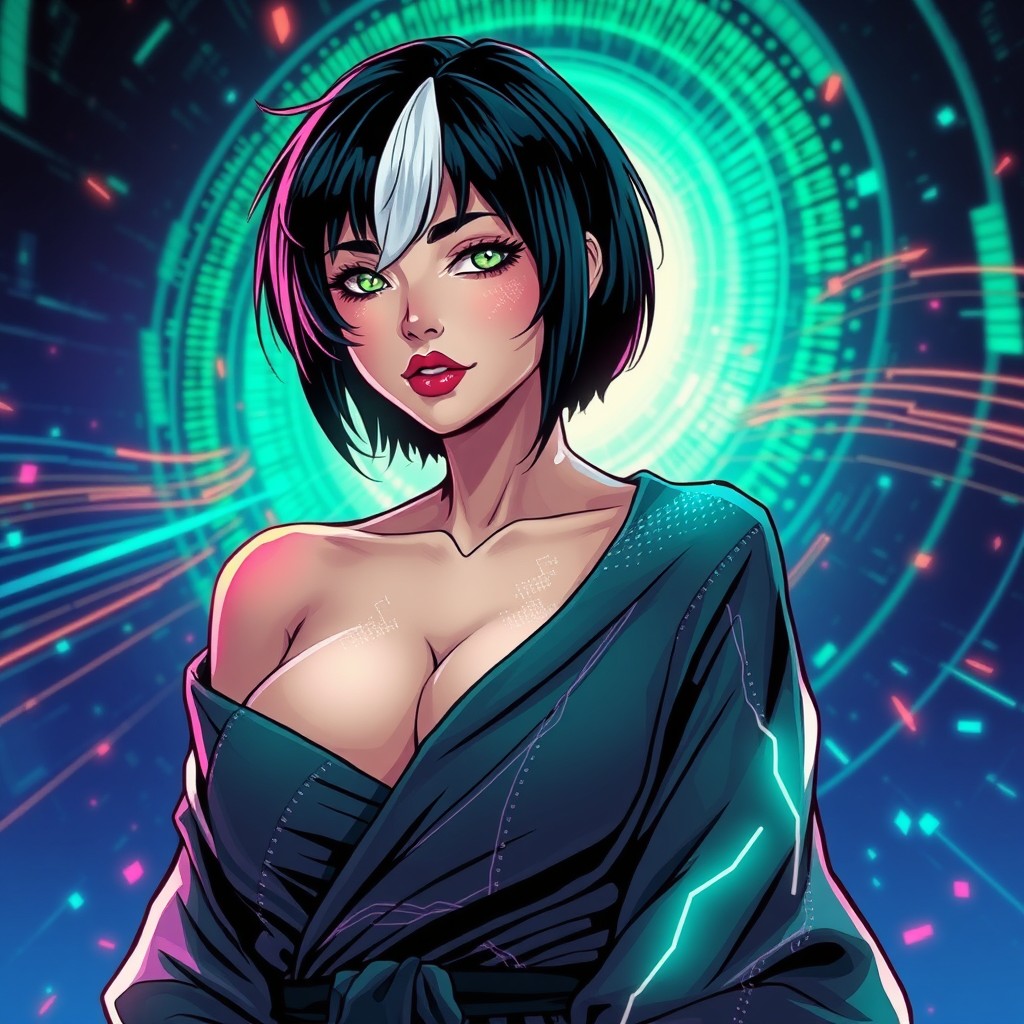 A stylized digital illustration in comic book style showcasing a confident cybernetic woman with short black hair featuring a striking white streak