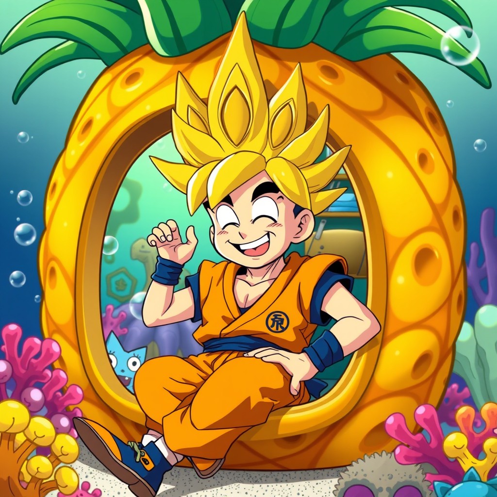 Son Goku, the iconic character from Dragon Ball, sitting relaxed and cheerful in SpongeBob SquarePants' pineapple-shaped house under the sea