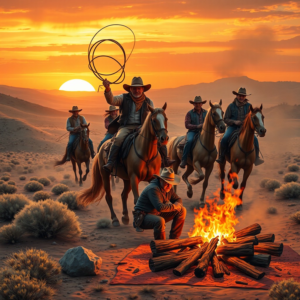 A dynamic scene of rugged Western cowboys riding across a vast, arid landscape