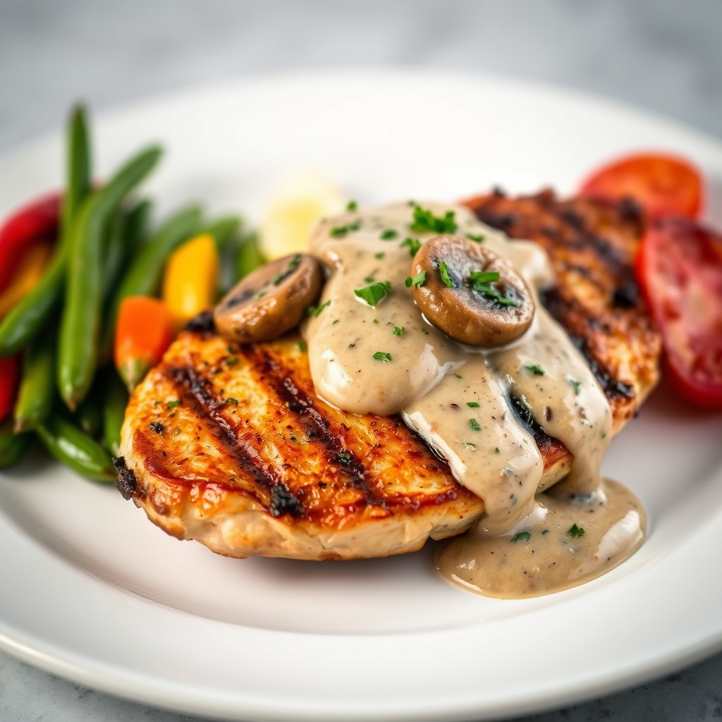 A beautifully arranged plate featuring a grilled chicken steak cooked to perfection, topped with a creamy mushroom sauce