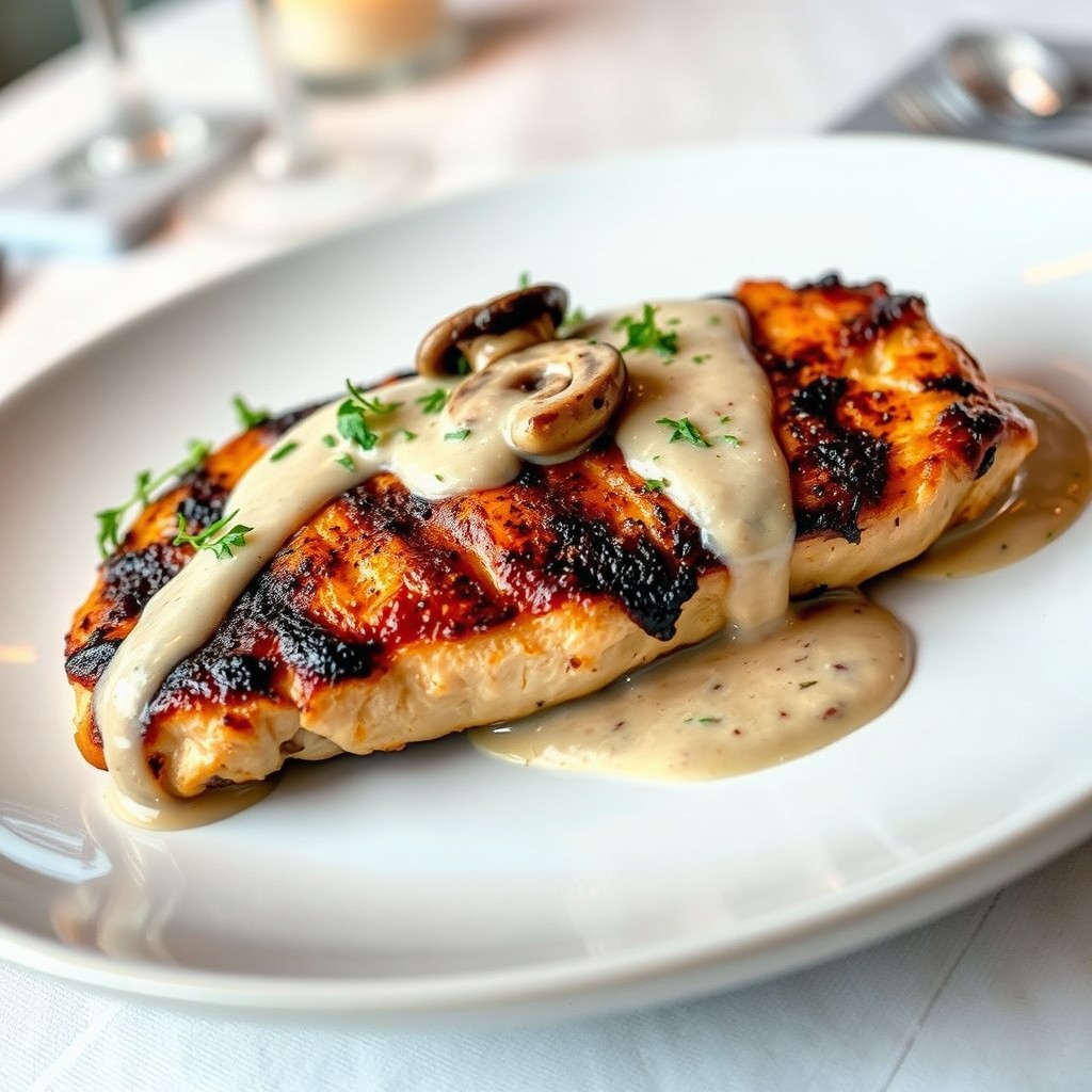 A beautifully presented plate featuring grilled chicken steak cooked to perfection, drizzled generously with creamy mushroom sauce