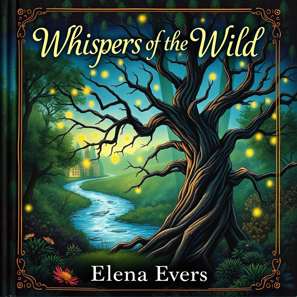 A beautifully illustrated book cover that portrays a mystical forest scene at twilight, filled with enchanting glow of fireflies and a shimmering river