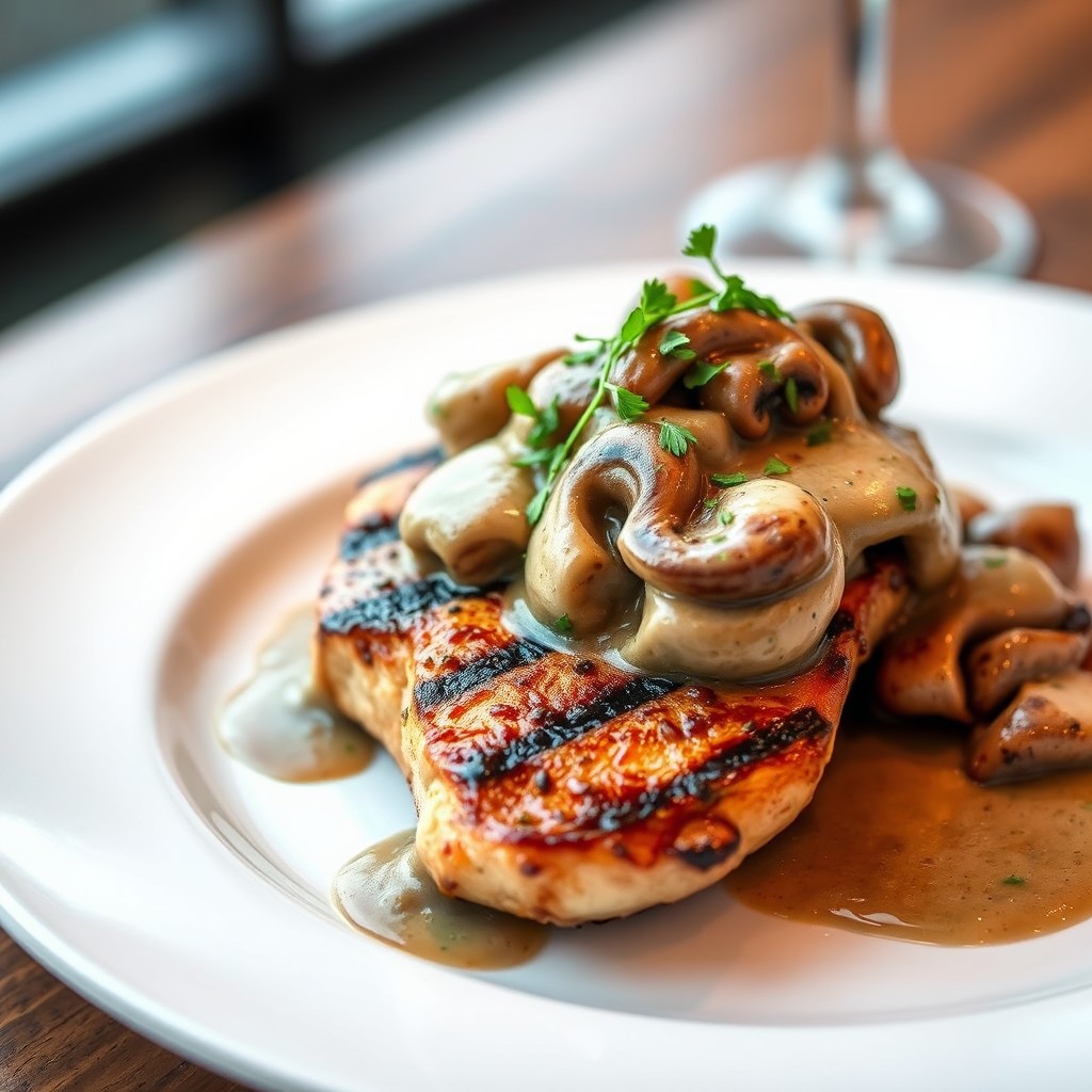 A beautifully plated dish featuring a grilled chicken steak, perfectly cooked and juicy, topped with a rich and creamy mushroom sauce