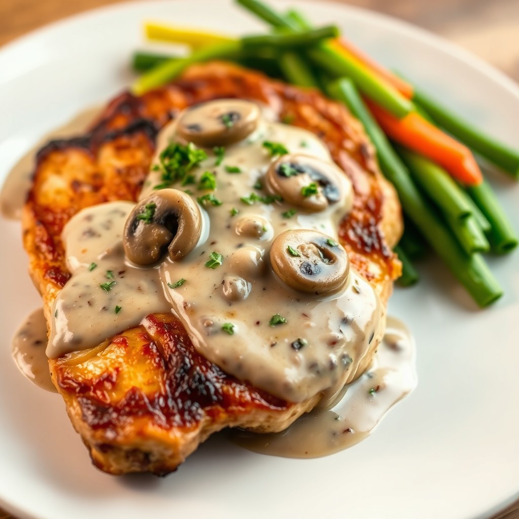 A beautifully plated dish featuring cooked chicken steak drizzled with creamy mushroom sauce, garnished with fresh herbs