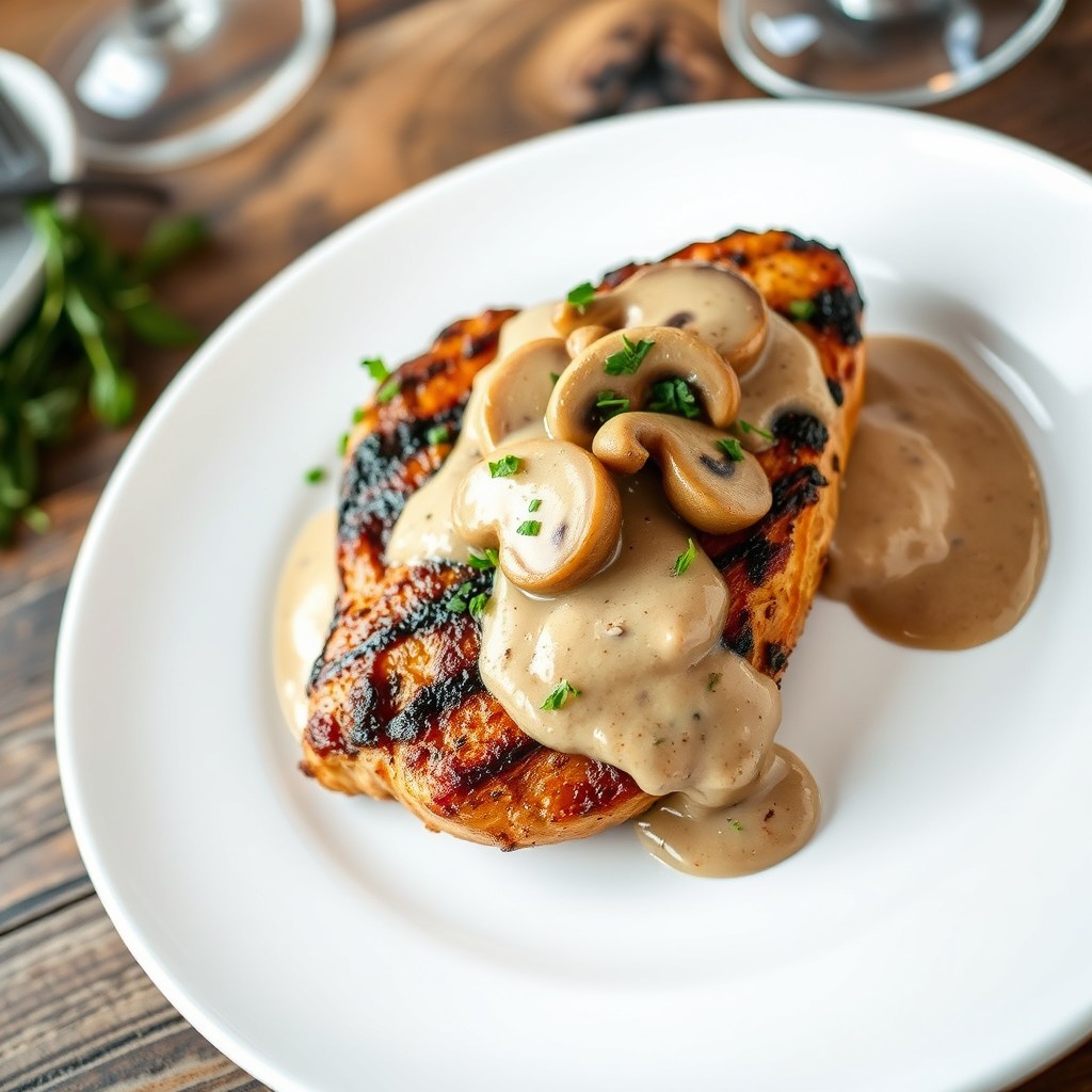 A delicious plate featuring a cooked chicken steak elegantly presented, topped with creamy mushroom sauce