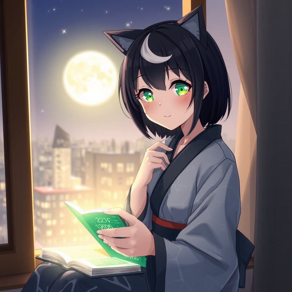 A gentle 2D anime-style illustration of a young woman with black hair and a single white streak, wearing a slightly loosened digital-pattern kimono, sitting by an open window at night