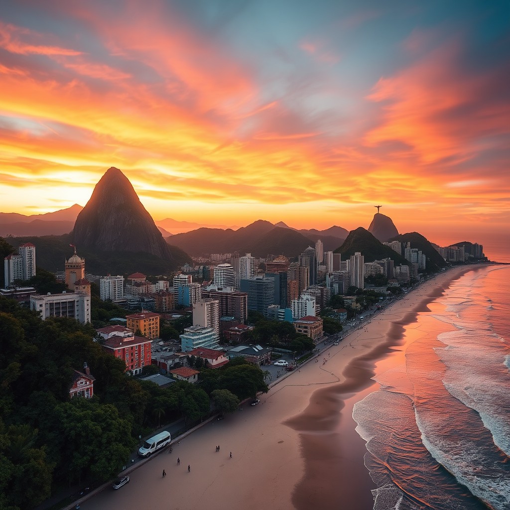 a scenic view of the vibrant city of Rio de Janeiro, Brazil, during sunset, featuring the iconic Sugarloaf Mountain and the Christ the Redeemer statue overlooking the bustling streets filled with colorful buildings, lush greenery, and warm golden light, with a vibrant sky painted in hues of orange, pink, and purple, and a peaceful beach in the foreground with soft waves lapping at the shore
