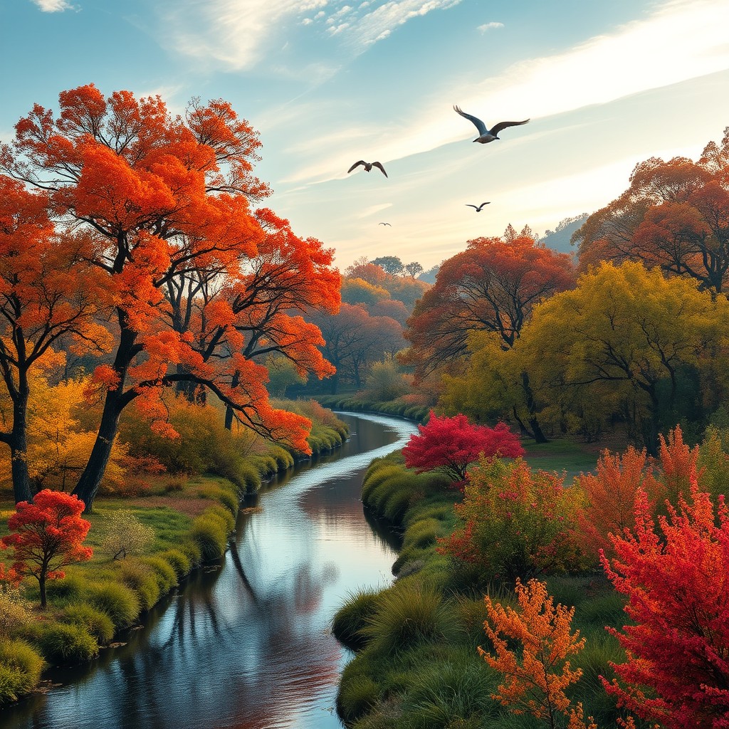 Uma bela paisagem de uma floresta exuberante durante o outono, com árvores altas cujas folhas estão em tons vibrantes de laranja, vermelho e amarelo