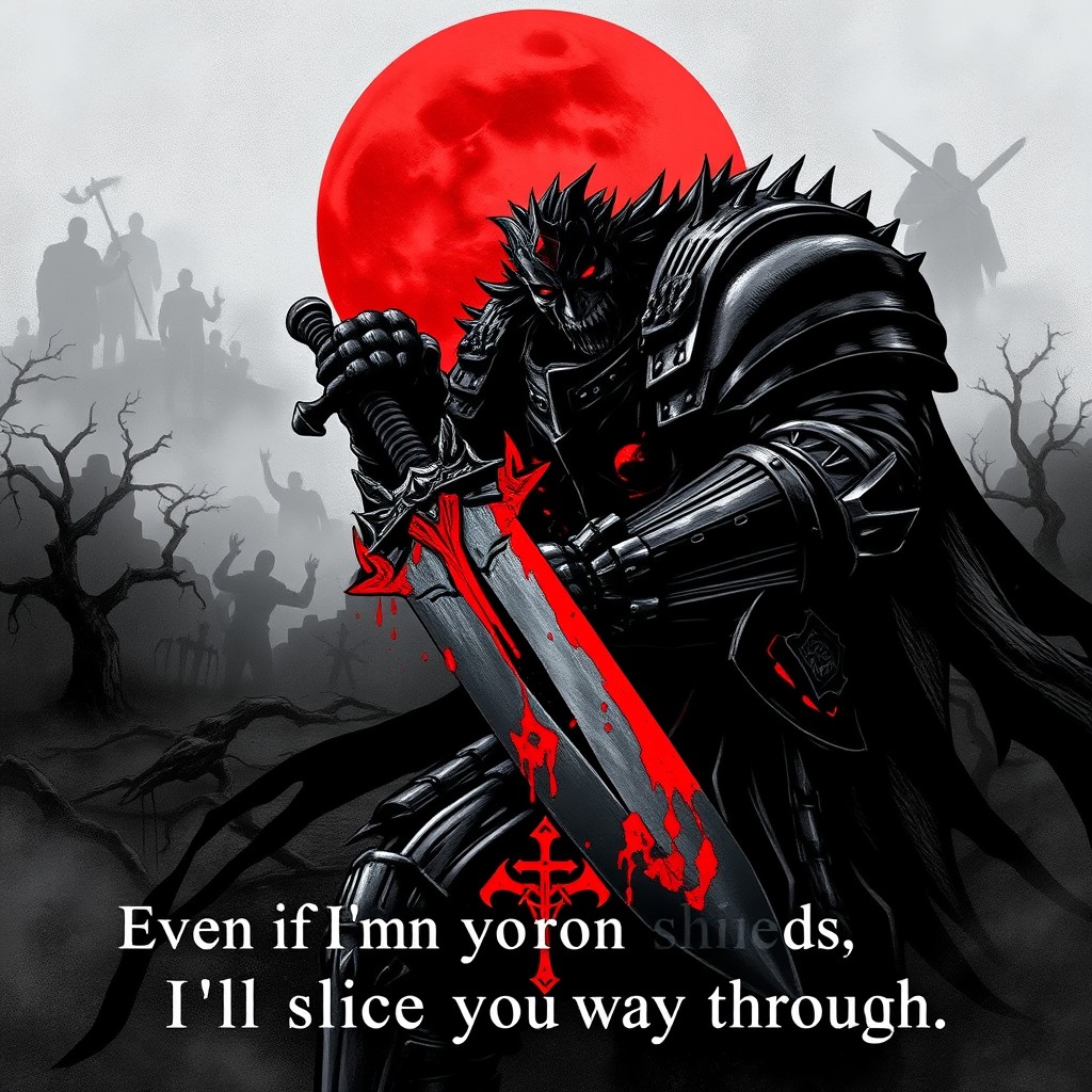 A dark gothic phone wallpaper inspired by Berserk featuring Guts in full Berserker armor, gripping his massive Dragonslayer sword
