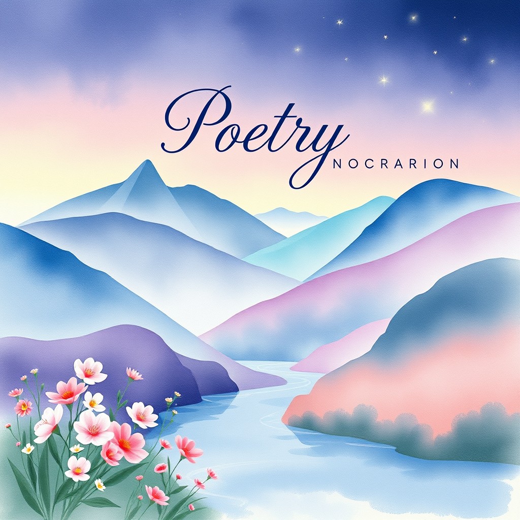 A beautifully designed cover for a poetry book, featuring an ethereal landscape with soft, pastel colors blending harmoniously, incorporating elements of nature like blooming flowers, serene mountains, and a tranquil river