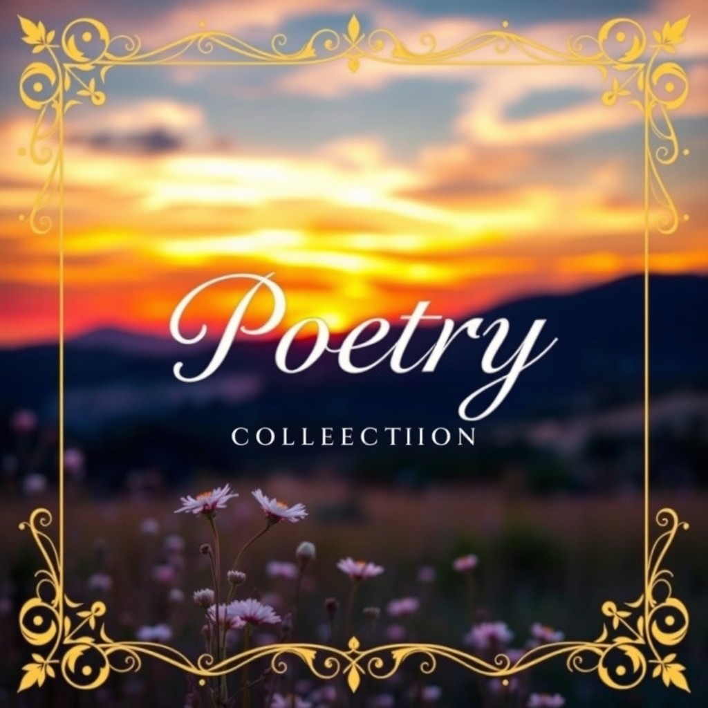A beautifully designed cover for a collection of poetry books, featuring a serene landscape at sunset with vibrant colors blending into the sky