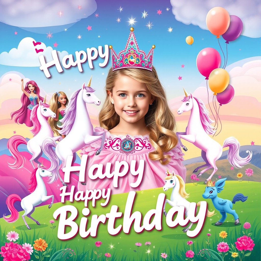 A vibrant and cheerful birthday poster featuring a beautiful princess surrounded by magical unicorns, playful Barbie dolls, and friendly Bluey characters
