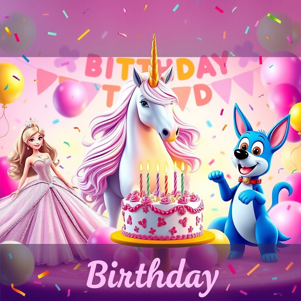 A vibrant and joyful birthday poster featuring a majestic unicorn in the center, surrounded by cheerful and colorful decorations