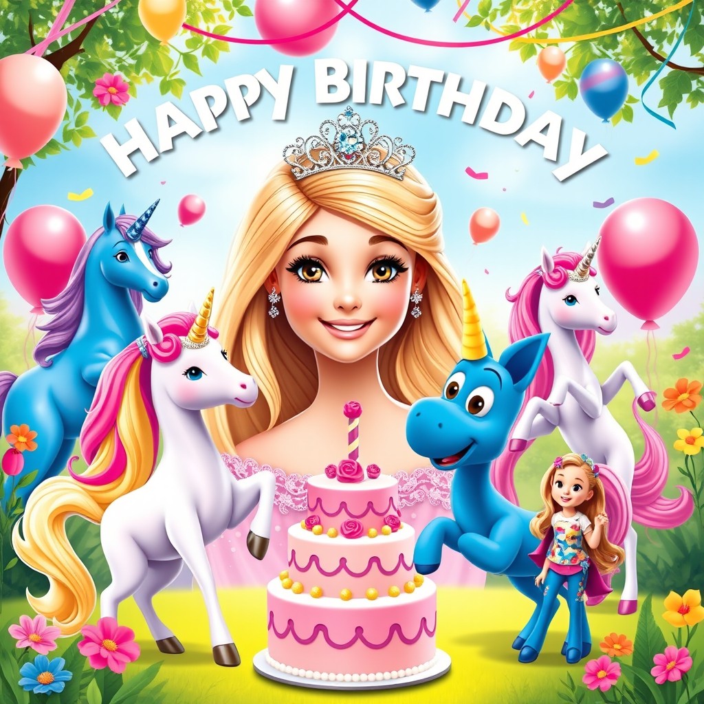 A vibrant and cheerful birthday poster featuring a beautiful princess surrounded by unicorns, Barbie characters, and Bluey characters