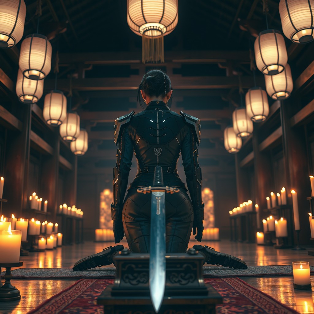 A Japanese female mech pilot kneeling in a dark Japanese temple, performing a ritual illuminated by the warm glow of numerous candles