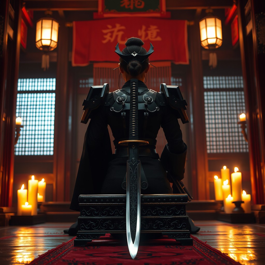 A Japanese female mech pilot performing a ritual inside a dark traditional Japanese temple illuminated by flickering candles