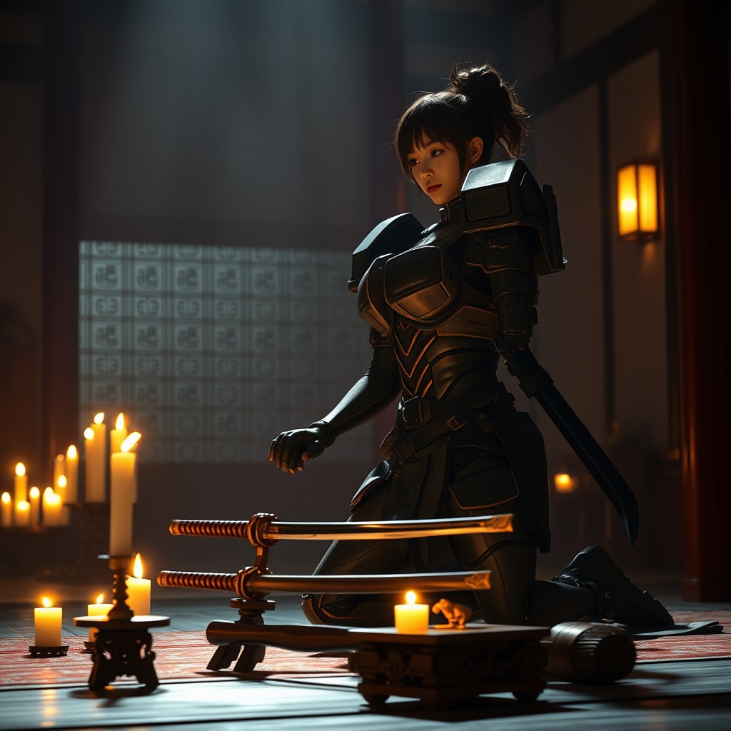 A Japanese female mech pilot in a traditional setting, performing a ritual inside a dark Japanese temple illuminated by flickering candles