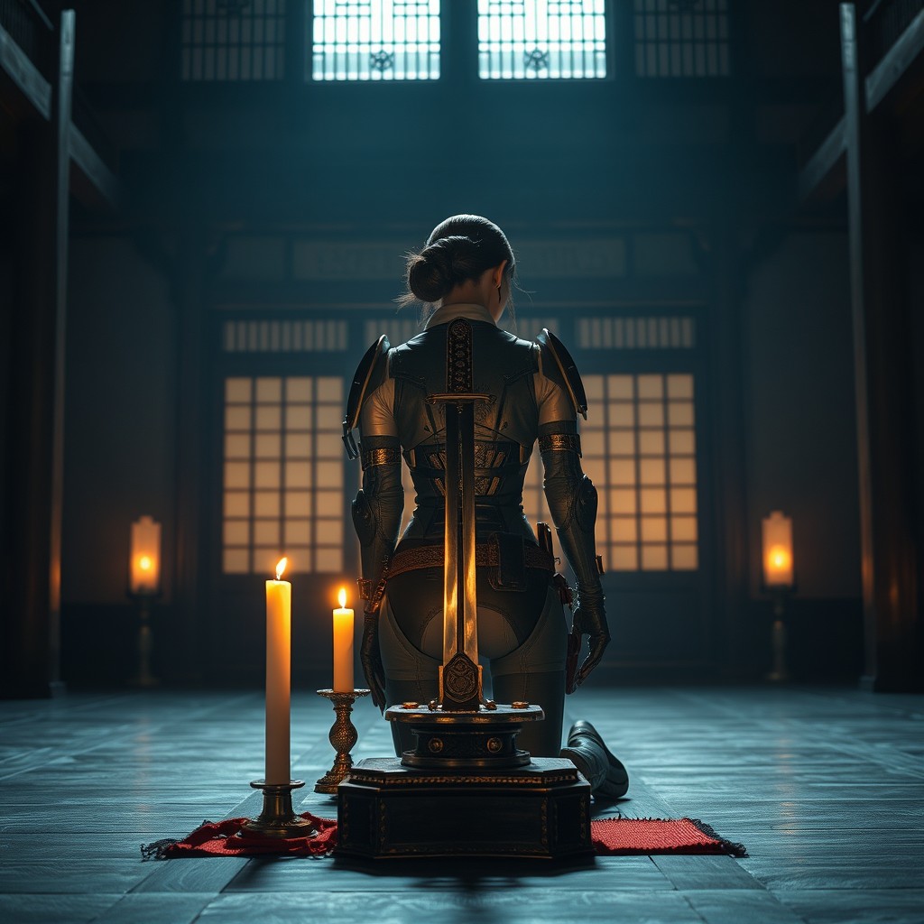 A Japanese female mech pilot kneeling in a dark Japanese temple, performing a ritual under the soft illumination of flickering candles