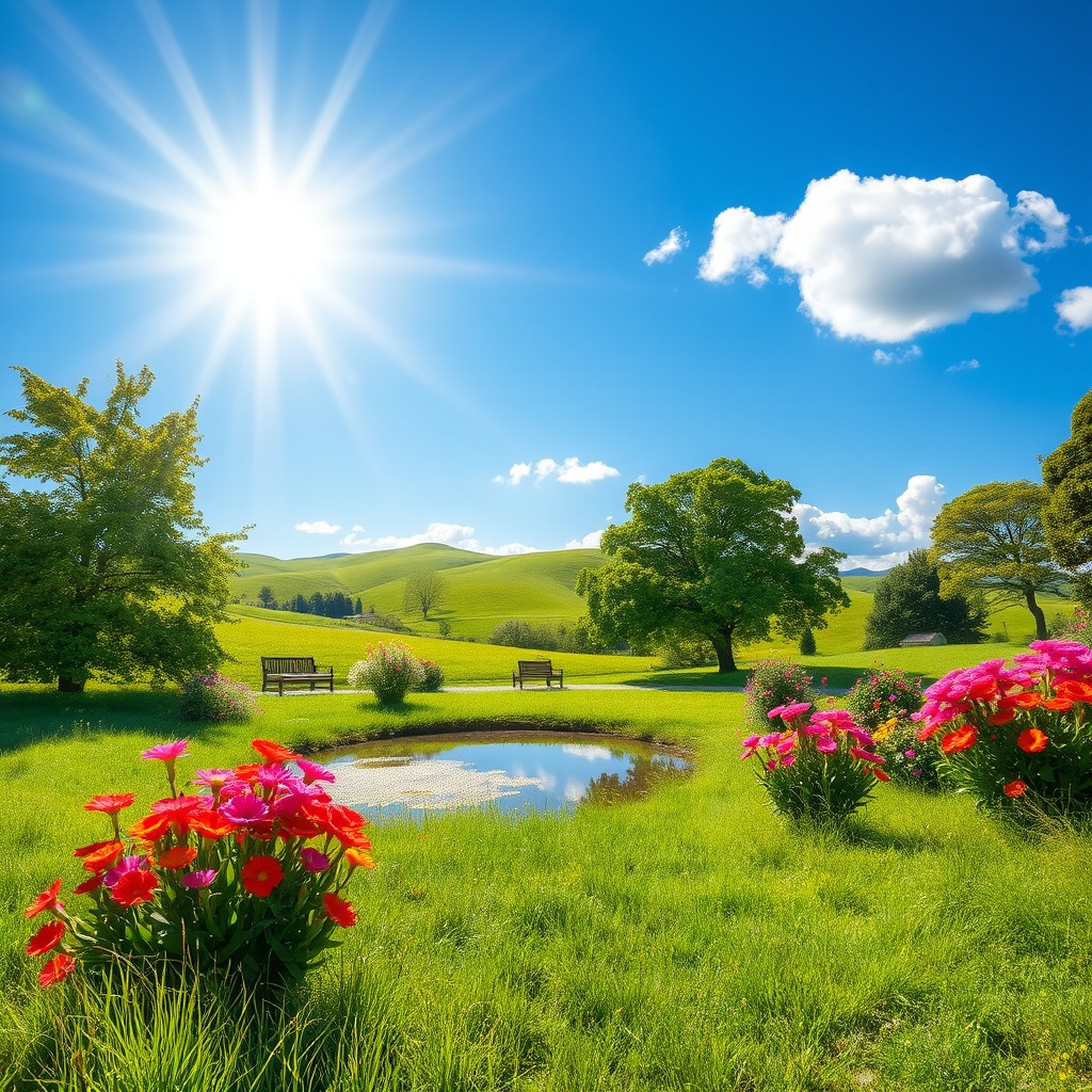 A bright and cheerful scene on a sunny day where the sunlight is abundant, illuminating everything with a warm glow but mysteriously without casting any shadows