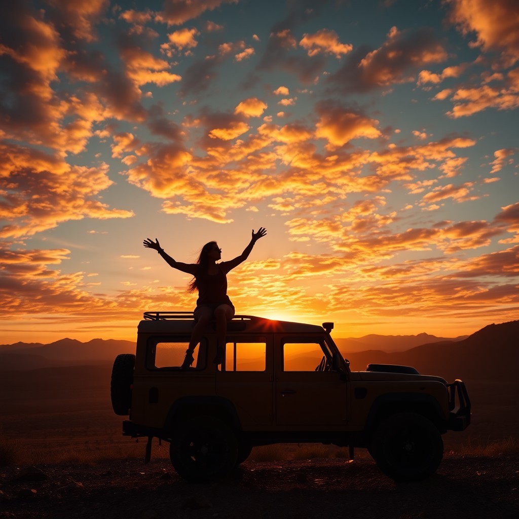 A stunning long range view of the shadow silhouette of a woman sitting atop the roof of an expedition overlanding vehicle, against a breathtaking backdrop of a setting sun and fiery harvest skies filled with vivid oranges, yellows, and deep reds