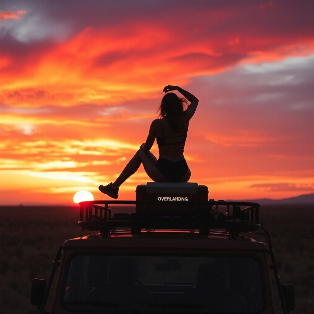 A stunning long-range view of the shadow silhouette of a woman gracefully sitting atop the roof of an adventurous overlanding expedition vehicle