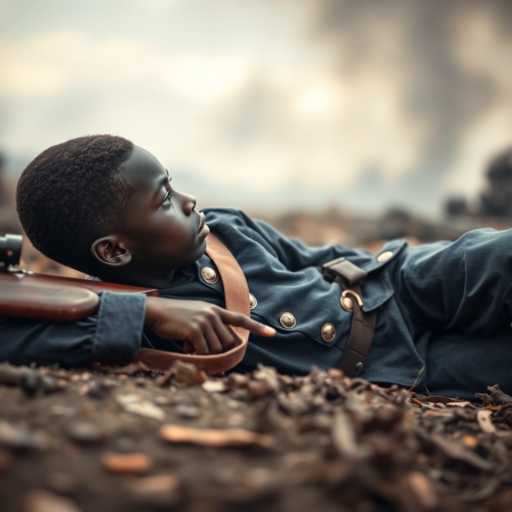 A young Black soldier from the Civil War era, lying on the ground with his firearm, positioned with his whole body facing to the left