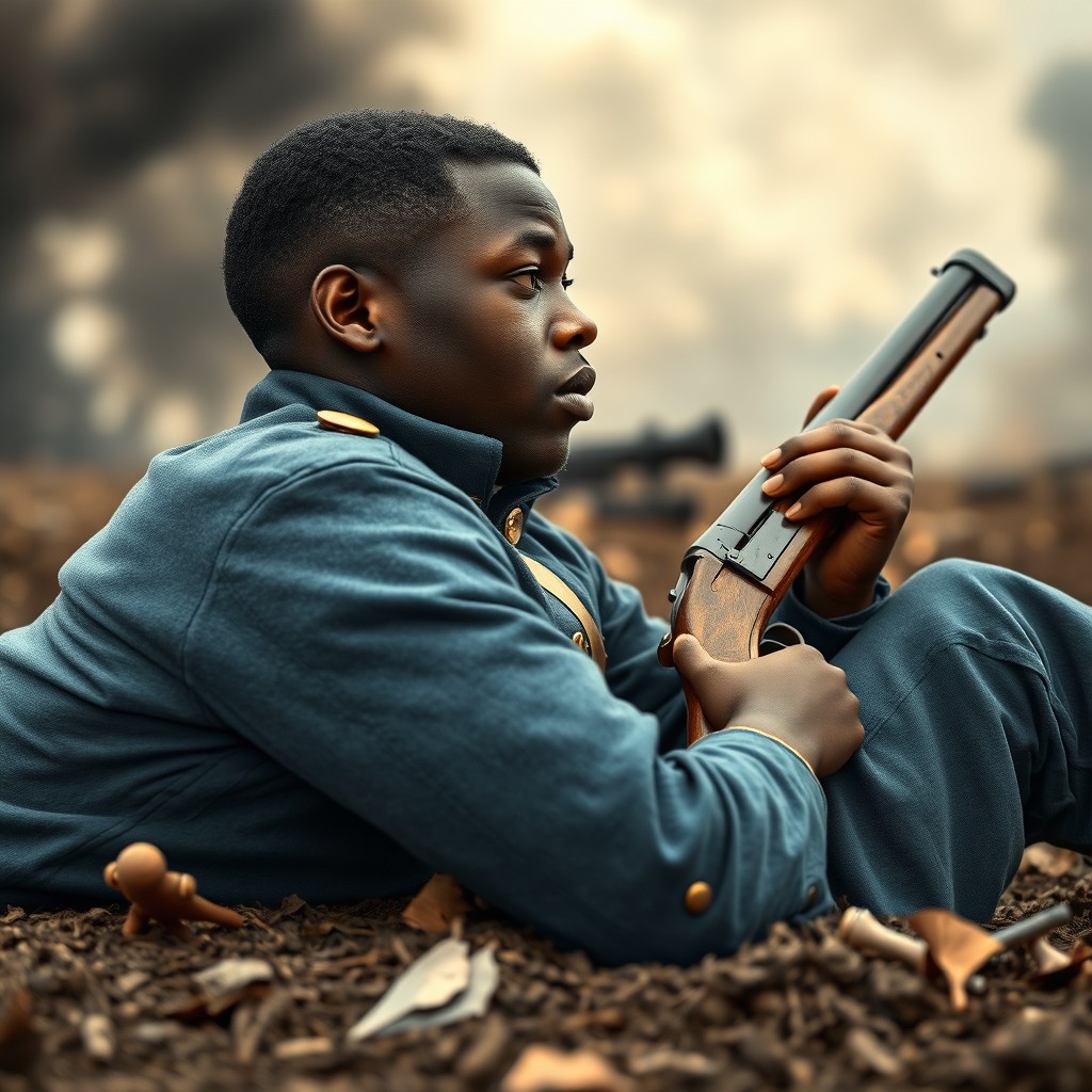 A full-body image of a young Black soldier from the Civil War era, lying on the ground with his firearm, positioned with his whole body facing to the left