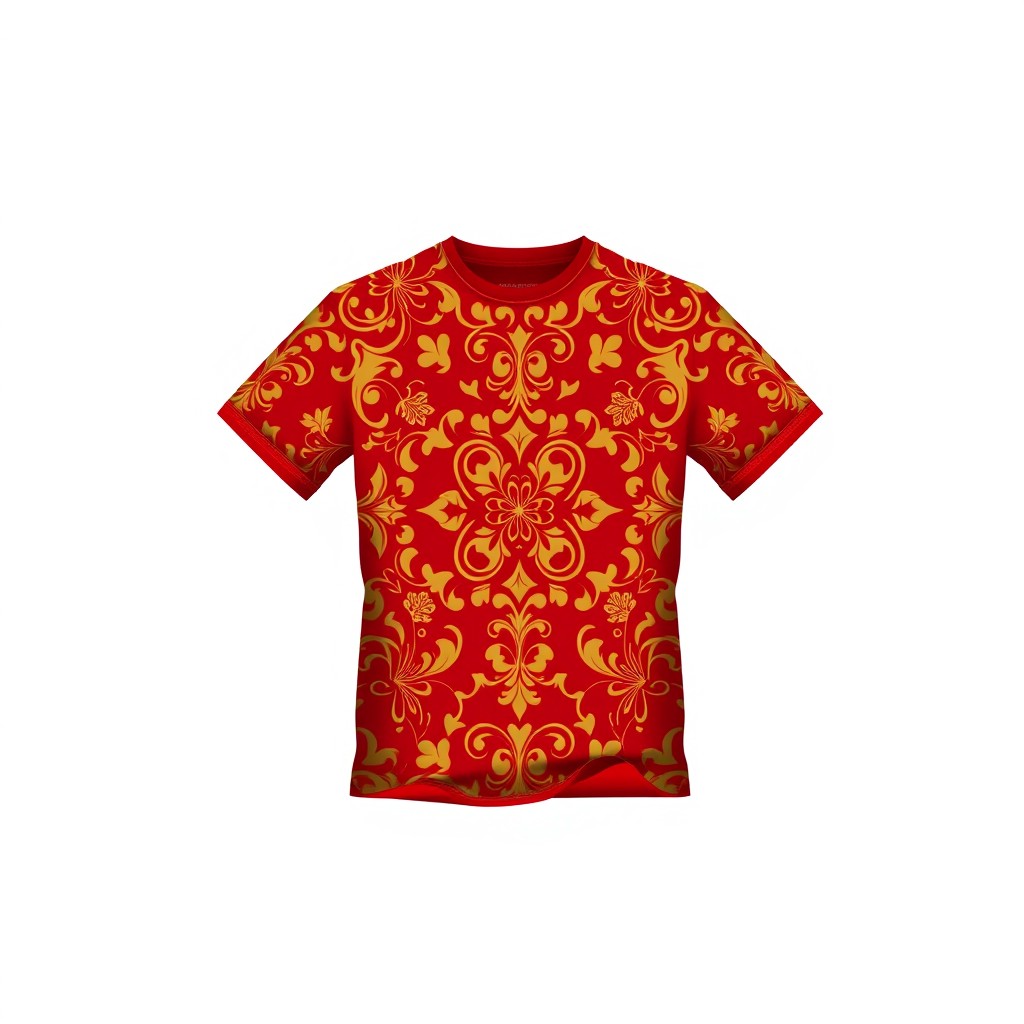 A stylish red and gold t-shirt design featuring an intricate pattern