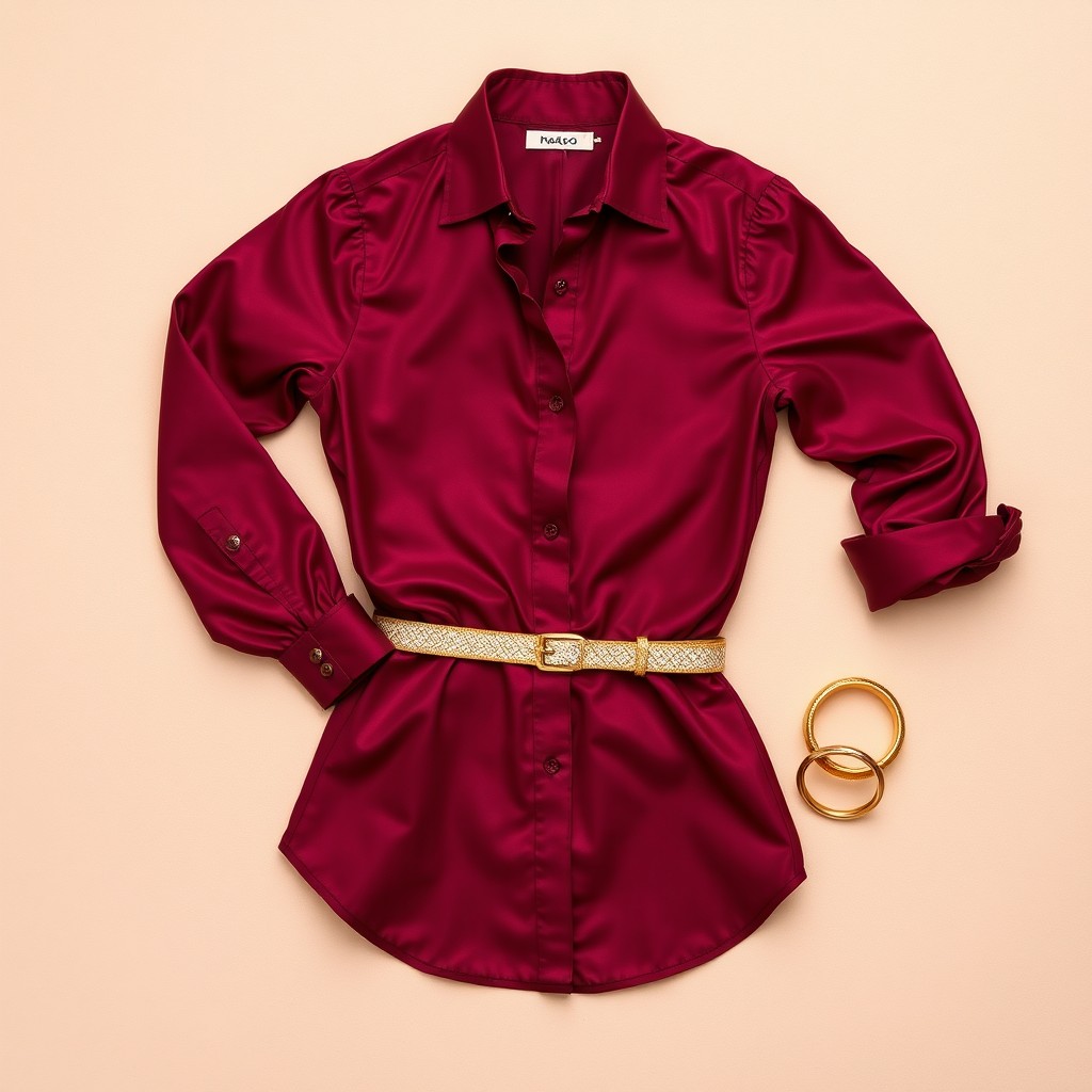 A stylish outfit featuring a bordo (burgundy) shirt and gold accents
