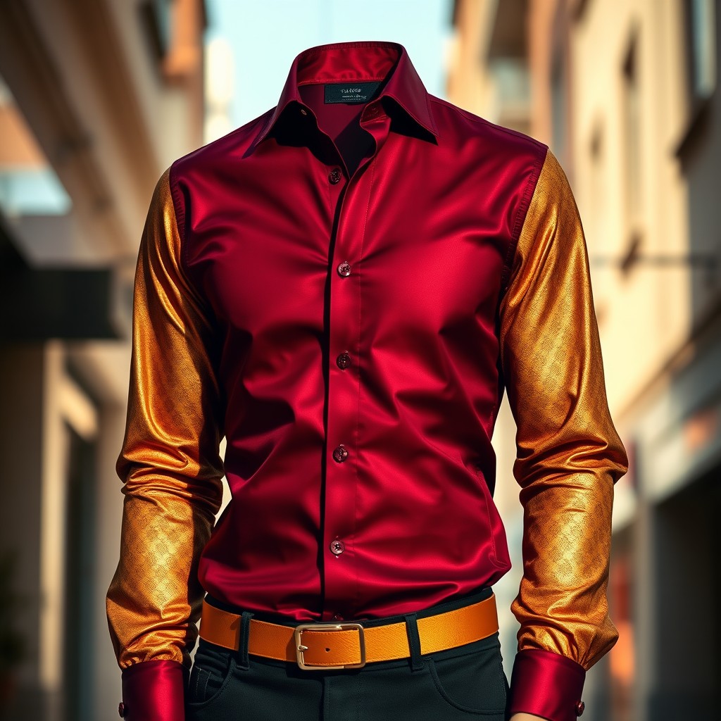 A stylish and elegant clothing item featuring a deep bordo (burgundy) shirt combined with luxurious golden accents