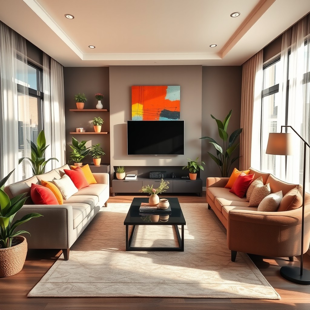 A beautifully designed living room with modern decor, featuring a comfortable sectional sofa adorned with colorful throw pillows, a stylish coffee table in the center, and an elegant area rug
