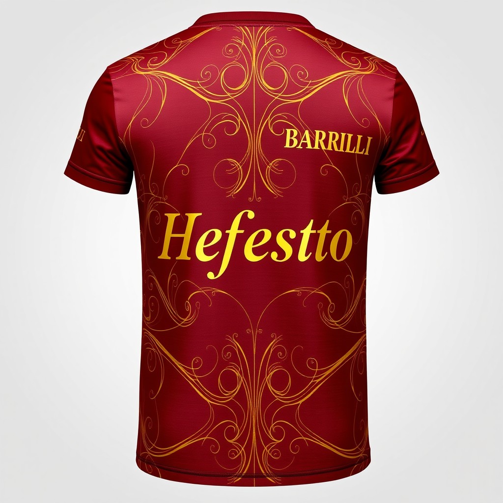 A predominantly dark red t-shirt with striking golden details
